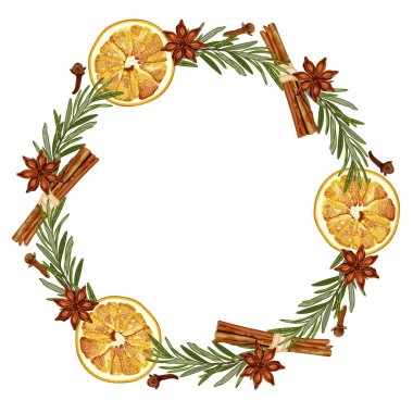 Noel çelengi, kurutulmuş portakal, biberiye, tarçın, anason ve karanfil. Aroma süslemesi. Hoş bir dekor. Beyaz arkaplanda stok vektör illüstrasyonu.