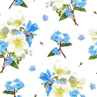 Kır çiçekleriyle kusursuz desen. Mavi göz, unutma beni ve şakayık. Beyaz arkaplanda stok vektör illüstrasyonu.