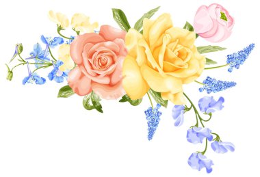 Sarı ve pembe güllü bahar buketi, mavi desenli çiçek, sümbül, ranunculus ve tatlı bezelye. Beyaz arkaplanda stok vektör illüstrasyonu.