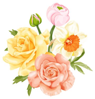 Sarı ve pembe gül, narcissu ve ranunculus çiçekli bahar buketi. Beyaz arkaplanda stok vektör illüstrasyonu.