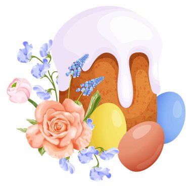 Geleneksel Paskalya pastası ve yumurtalı bahar kompozisyonu, gül, ranunculus, sümbül ve tatlı bezelye çiçekleri. Beyaz bir taşra üzerinde stok vektör illüstrasyonu