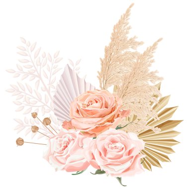 Tropik bohem, pembe gül, kamış, palmiye yaprakları ve kuru bitkilerle bohem bir buket. Beyaz arkaplanda stok vektör illüstrasyonu.