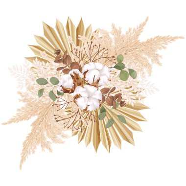 Tropik bohem, pamuk çiçeği, sazlık, okaliptüs, palmiye yaprağı ve kuru bitkilerle bohem buketi. Beyaz arkaplanda stok vektör illüstrasyonu.