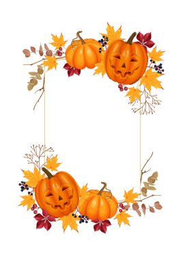 Bu vektör illüstrasyonunda Cadılar Bayramı veya Şükran Günü afişleri, davetiyeler ve mevsimsel tasarımlar için mükemmel balkabakları, güz yaprakları, böğürtlenler ve dallarla dolu bir sonbahar çerçevesi yer almaktadır..