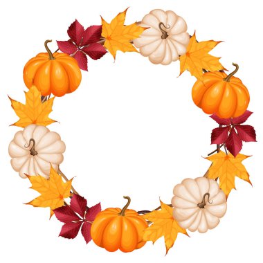 Turuncu ve beyaz balkabaklı, sarı akçaağaç yapraklı ve kırmızı yapraklı bir sonbahar çelenginin vektör çizimi. Mevsimlik tasarımlar, sonbahar dekorasyonu, Şükran Günü ve tatil temalı projeler için mükemmel..