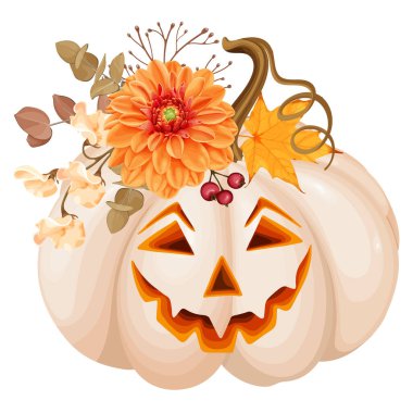 Gülümseyen bir yüzle oyulmuş bej kabak feneri içeren büyüleyici bir sonbahar vektör illüstrasyonu. Canlı portakal çiçekleri, yapraklar ve böğürtlenlerle süslenmiş bu tuhaf tasarım Cadılar Bayramı 'nı harmanlıyor..