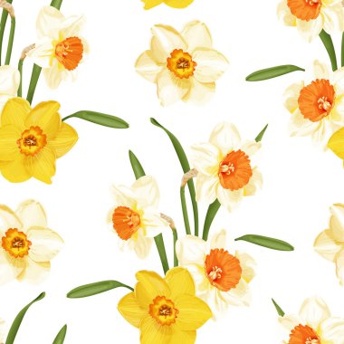 Beyaz arkaplanda yeşil saplı sarı ve beyaz nergisleri içeren parlak ve zarif kusursuz vektör deseni. Bahar tasarımları, tekstil ve botanik temalar için mükemmel..