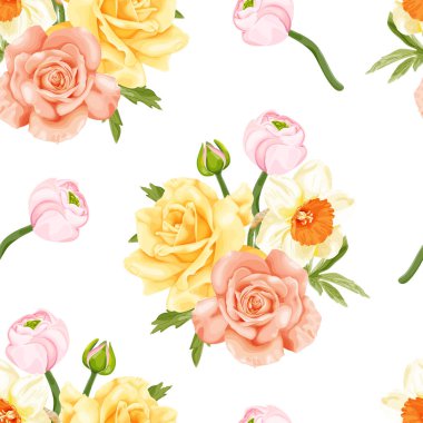 Beyaz arka planda sarı güller, şeftali gülleri, nergisler ve pembe tomurcuklar içeren bahar çiçeksiz bir vektör deseni. Tekstil, ambalaj ya da tebrik kartı tasarımları için mükemmel.
