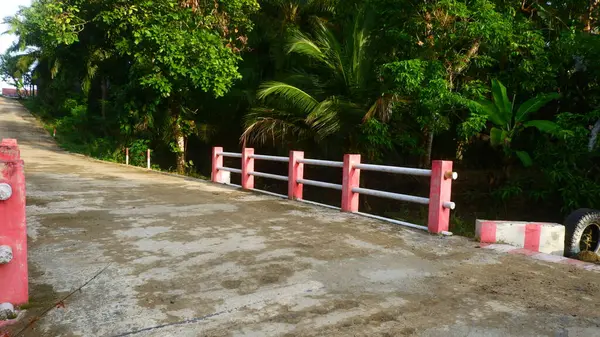 Kırsal kesimde gri demir borulardan yapılmış güvenlik çiti olan küçük bir köprünün fotoğrafı.