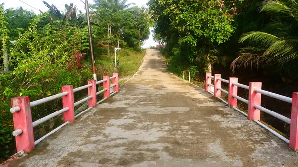 Kırsal kesimde gri demir borulardan yapılmış güvenlik çiti olan küçük bir köprünün fotoğrafı.