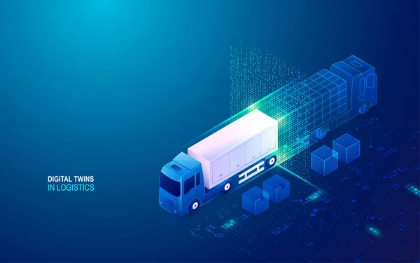 Concetto Gemelli Digitali Nella Logistica Camion Container Con Elemento Tecnologico — Vettoriale Stock