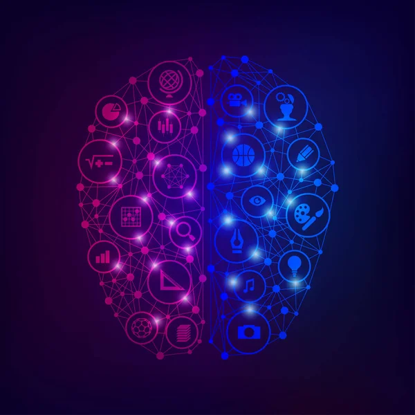 Conceito Função Cerebral Esquerda Direita Forma Cérebro Com Ícones Analíticos —  Vetores de Stock