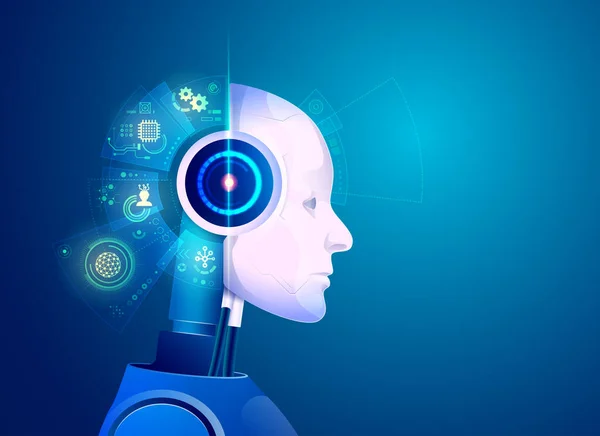 Conceito Tecnologia Inteligência Artificial Gráfico Robô Com Cérebro Holograma —  Vetores de Stock
