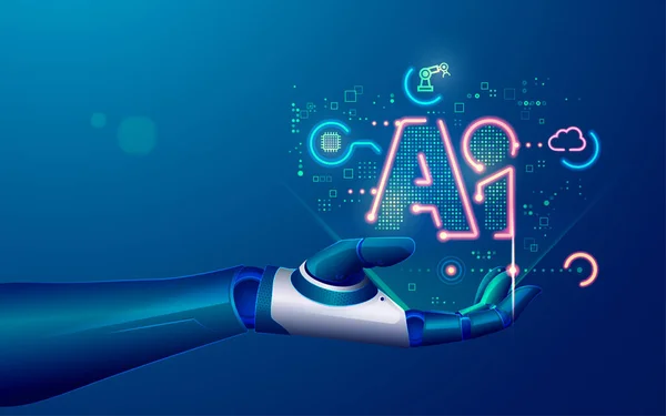 机器学习或人工智能技术的概念 带有符号Ai和未来主义元素的机器人手绘 — 图库矢量图片