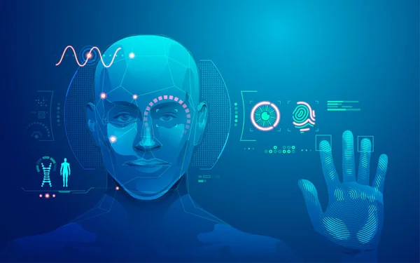 Concepto Tecnología Biométrica Gráfico Cara Humana Interfaz Escaneo Huellas Dactilares — Vector de stock