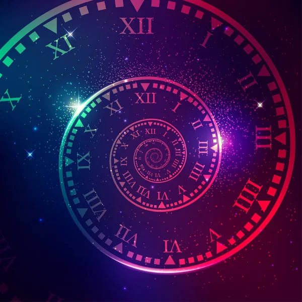 Concepto Espacio Del Tiempo Universo Reloj Espiral Con Fondo Estrella — Vector de stock