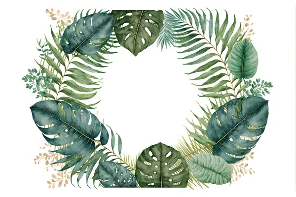 Watercolor hand painted frame with tropical green leaves and branches. Frame for wedding invitations, save the date or greeting cards