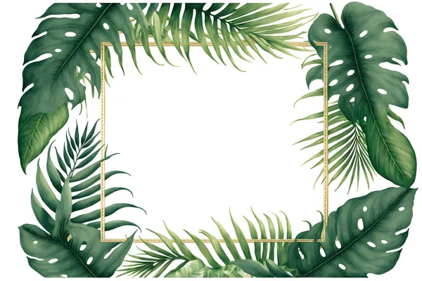 Watercolor hand painted frame with tropical green leaves and branches. Frame for wedding invitations, save the date or greeting cards