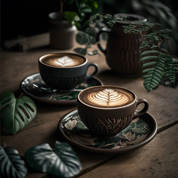 Hot coffee cup set on wooden table