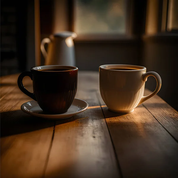 Hot coffee cup set on wooden table