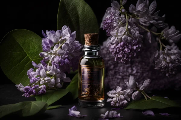 Unique and aromatic oil for body care. Lilac flower products photography