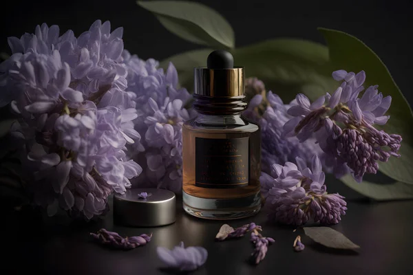 Unique and aromatic oil for body care. Lilac flower products photography