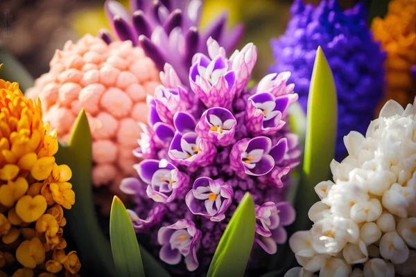 photo Large flower bed with multi-colored hyacinths, traditional easter flowers, flower background, easter spring background