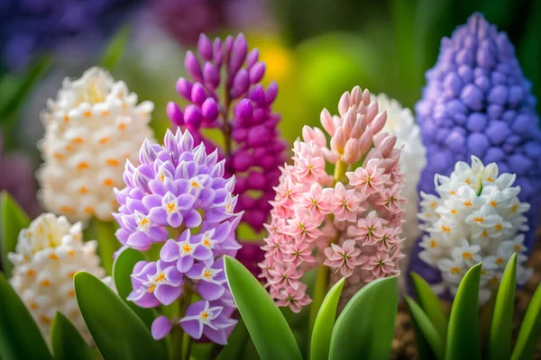 photo Large flower bed with multi-colored hyacinths, traditional easter flowers, flower background, easter spring background