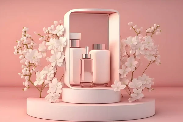 Product display podium with blossom flowers on pink background. 3D rendering