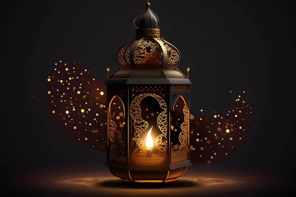 Ornamental Arabic lantern with burning candle glowing at night