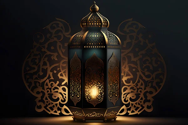 Ornamental Arabic lantern with burning candle glowing at night