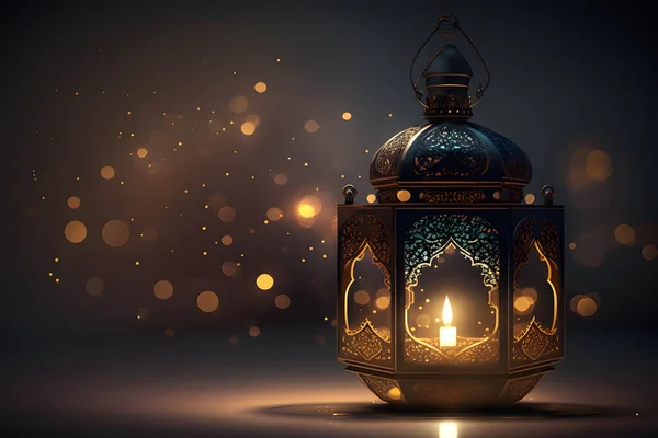 Ornamental Arabic lantern with burning candle glowing at night