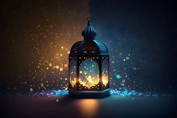 Ramadan Lantern with Colorful Light Glowing at Night and Glittering