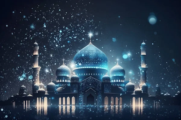 Luxury ramadan background with mosque, star, and bokeh in blue color tone