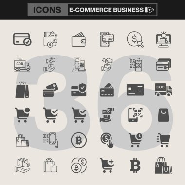 Çevrimiçi işlemler, alışveriş, dağıtım, ödeme yöntemleri ve dijital finans sembollerinin yer aldığı 36 adet düzenlenebilir e-ticaret iş ikonu, web siteleri ve mobil uygulamalar için ideal