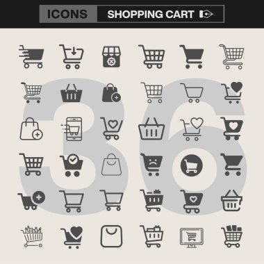 36 Alışveriş Arabası Simgesi: Temiz ve Profesyonel Estetik Tasarımlı E-ticaret ve Perakende Tasarım Projeleri için Vektör Grafikleri Düzenlemesi Kolaydır