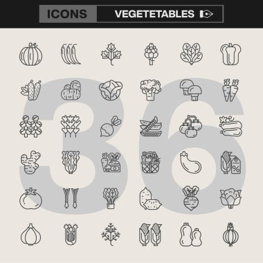 İçinde yaban havucu, salatalık, domates, balkabağı, brokoli, biber, marul ve daha fazlasının bulunduğu 36 vektör sebze ikonu. Menü tasarımları, bilgi grafikleri ve gıda ile ilgili projeler için ideal