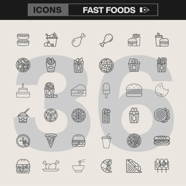 Hamburger, patates kızartması, pizza, sosisli sandviç, soda bardakları ve daha fazlası dahil 36 tane fast food ikonu. Menüler, restoran markalaşması, gıda ambalajı, pazarlama malzemeleri ve dijital projeler için mükemmel