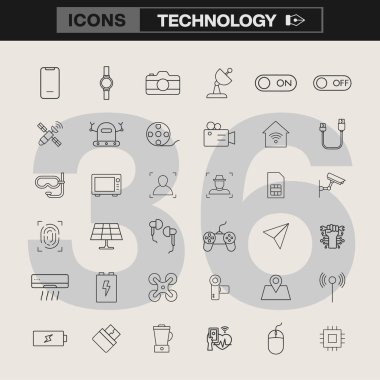 Akıllı cihazlar, cihazlar, güvenlik sembolleri, bağlantı araçları ve dijital çözümler içeren, temiz çizgi tarzında 36 teknoloji ikonundan oluşan bir koleksiyon. UI / UX, bilgi grafikleri ve markalaşma için ideal