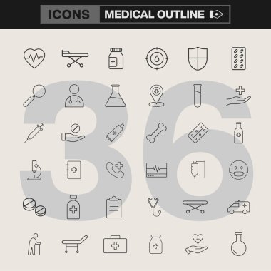 Şırıngalar, ambulanslar, tıbbi monitörler, haplar, hastane yatakları, mikroskop ve daha fazlası dahil olmak üzere 36 tıbbi ve sağlık ikonu. Bilgi grafikleri, web siteleri ve eğitim materyalleri için ideal