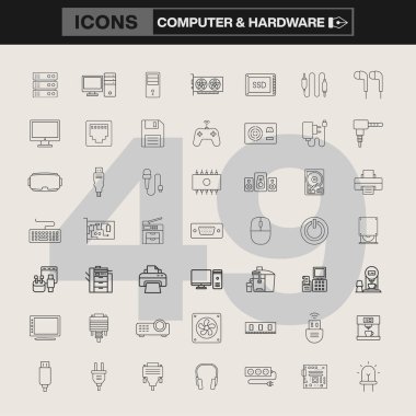 49 adet düzenlenebilir bilgisayar ve donanım ikonu, özelleştirme cihazları, çevresel veriler, sunucular ve teknolojik cihazlardan oluşan bir koleksiyon. UI / UX, bilgi grafikleri, eğitim materyalleri ve dijital markalaşma için ideal