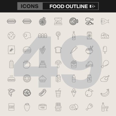 49 yemek ikonundan oluşan bir koleksiyon, içinde hamburger, pizza, patates kızartması, peynir, meyve, dondurma ve daha fazlası var. Minimalist bir tarzda tasarlandı, menüler, markalaşma, paketleme, bilgi grafikleri ve dijital projeler için mükemmel.