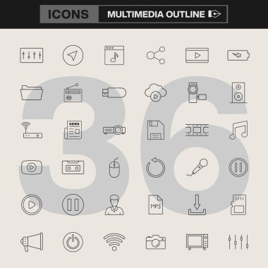 36 çokluortam doğrusal simge koleksiyonu, çalma düğmeleri, eşitleyiciler, bulut depolama, mikrofonlar ve video araçları içerir. UI / UX, web tasarımı, bilgi grafikleri ve dijital markalaşma için mükemmel