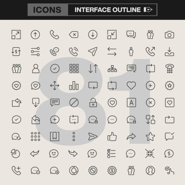 Sohbet baloncukları, oklar, telefonlar, insanlar, kontrol işaretleri ve yön bulma sembolleri gibi ortak kullanıcı arayüzü öğeleri içeren bir arayüz simgesi koleksiyonu. Uygulama tasarımı, web geliştirme, UI / UX ve dijital projeler için ideal