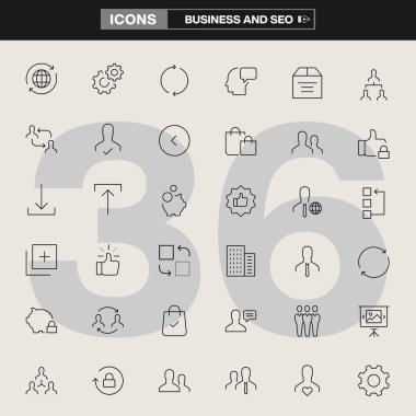 Optimizasyon araçları, analitik, strateji sembolleri, iletişim unsurları ve pazarlama görselleri de dahil olmak üzere 36 iş ve SEO simgesinden oluşan bir koleksiyon. Markalaşma, UI / UX tasarımı, bilgi grafikleri ve şirket projeleri için ideal