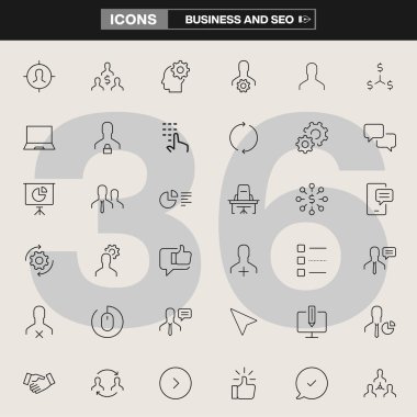 Optimizasyon araçları, analitik, strateji sembolleri, iletişim unsurları ve pazarlama görselleri de dahil olmak üzere 36 iş ve SEO simgesinden oluşan bir koleksiyon. Markalaşma, UI / UX tasarımı, bilgi grafikleri ve şirket projeleri için ideal