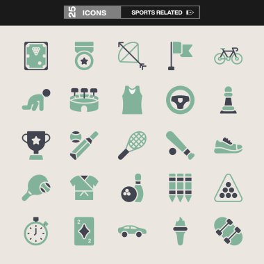 Madalya, kask, bisiklet, kupa, top, boks eldiveni ve daha fazlasının yer aldığı 24 spor ikonundan oluşan bir koleksiyon. Fitness markalaşma, UI / UX tasarımı, bilgi grafikleri ve dijital projeler için ideal