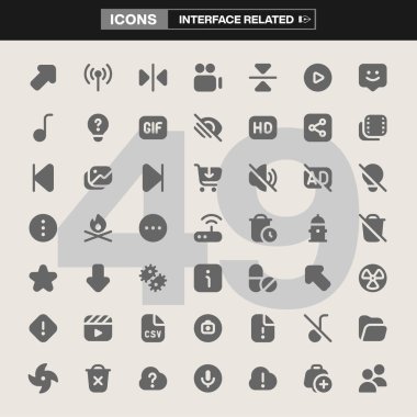 Navigasyon, multimedya, ayarlar, sosyal etkileşimler ve daha fazlası gibi temel UI ögelerini kapsayan 49 arayüz simgesinden oluşan bir koleksiyon. Uygulama tasarımı, web geliştirme, UI / UX ve dijital markalaşma için ideal