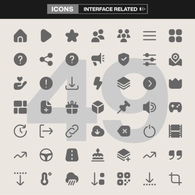 Navigasyon, multimedya, ayarlar, sosyal etkileşimler ve daha fazlası gibi temel UI ögelerini kapsayan 49 arayüz simgesinden oluşan bir koleksiyon. Uygulama tasarımı, web geliştirme, UI / UX ve dijital markalaşma için ideal