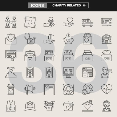 Bağış kutuları, yardım paketleri, tıbbi yardım, bağış sembolleri ve sosyal yardım grafiklerinin yer aldığı 36 adet yardım simgesinden oluşan bir koleksiyon. Kar amacı gütmeyen markalar, UI tasarımı ve farkındalık kampanyaları için ideal